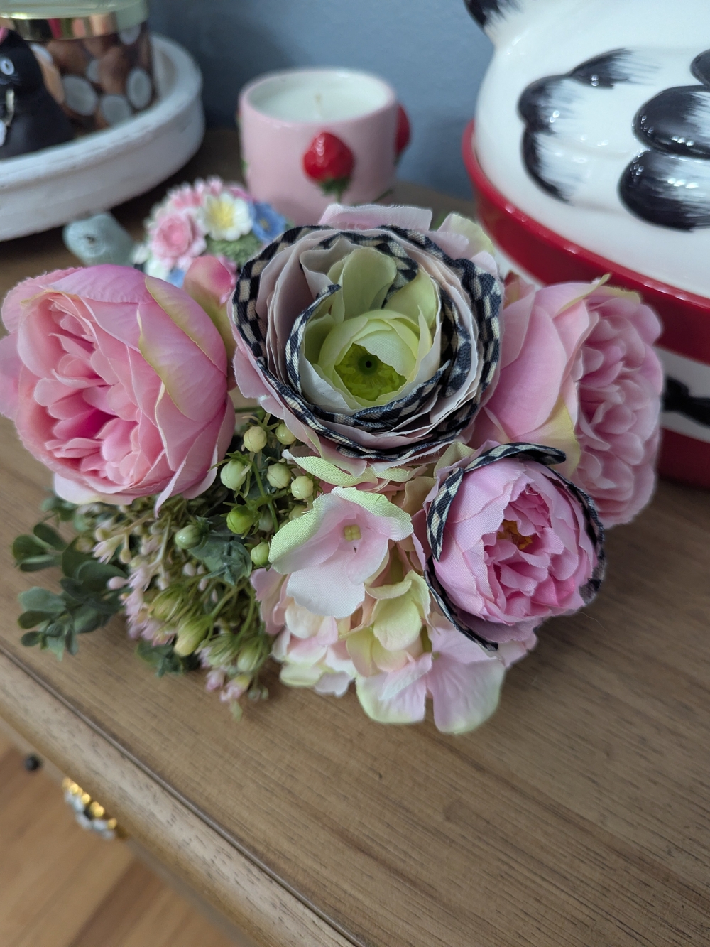 Mackenzie-Childs, Artificial Pink Ranunculus and Rose Flower Arrangement